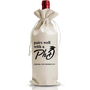 PHD Graduation Gift Wine Bag, Doctorate Gifts For Friend Her Him Woman Man Doctor, Graduation Party Decor Supply, Pairs Well With Doctorate Degree, Achievement Thank You Gift, Linen Wine Bag