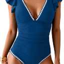 Women's One Piece Ruffle Swimsuit Tummy Control Bathing Suit V Neck Shell Stitched Swim Suit Slimming Swimwear Size L