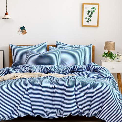 JELLYMONI 100% Natural Cotton 3pcs Striped Duvet Cover Sets, White Duvet Cover with Blue Stripes Pattern Printed Comforter Cover, with Zipper Closure & Corner Ties (Queen Size)