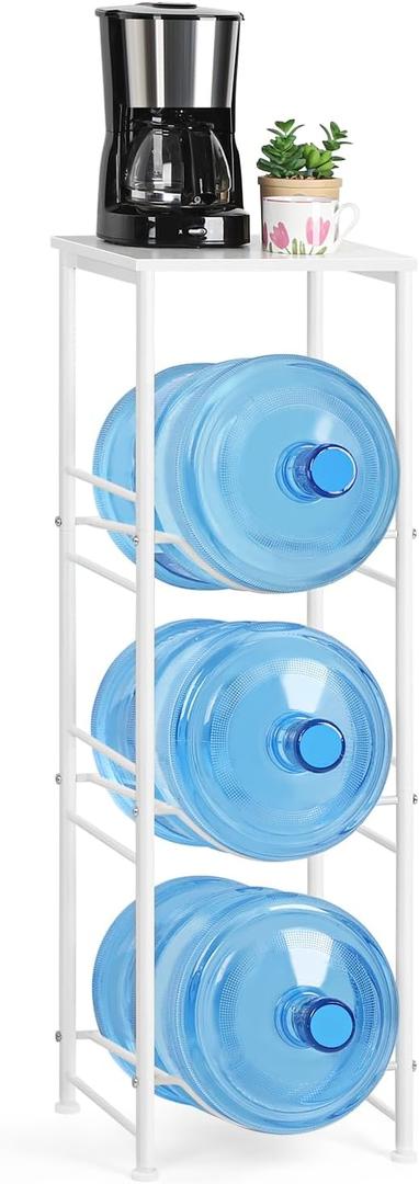 OYEAL 5 Gallon Water Bottle Jug Holder 3-Tier Water Bottle Holder Organizer with Top Shelf, Heavy Duty Water Dispenser Stand Rack for Kitchen Living Room Office, White, 12.9 inches L x 12.9 inches W x 39.9 inches H