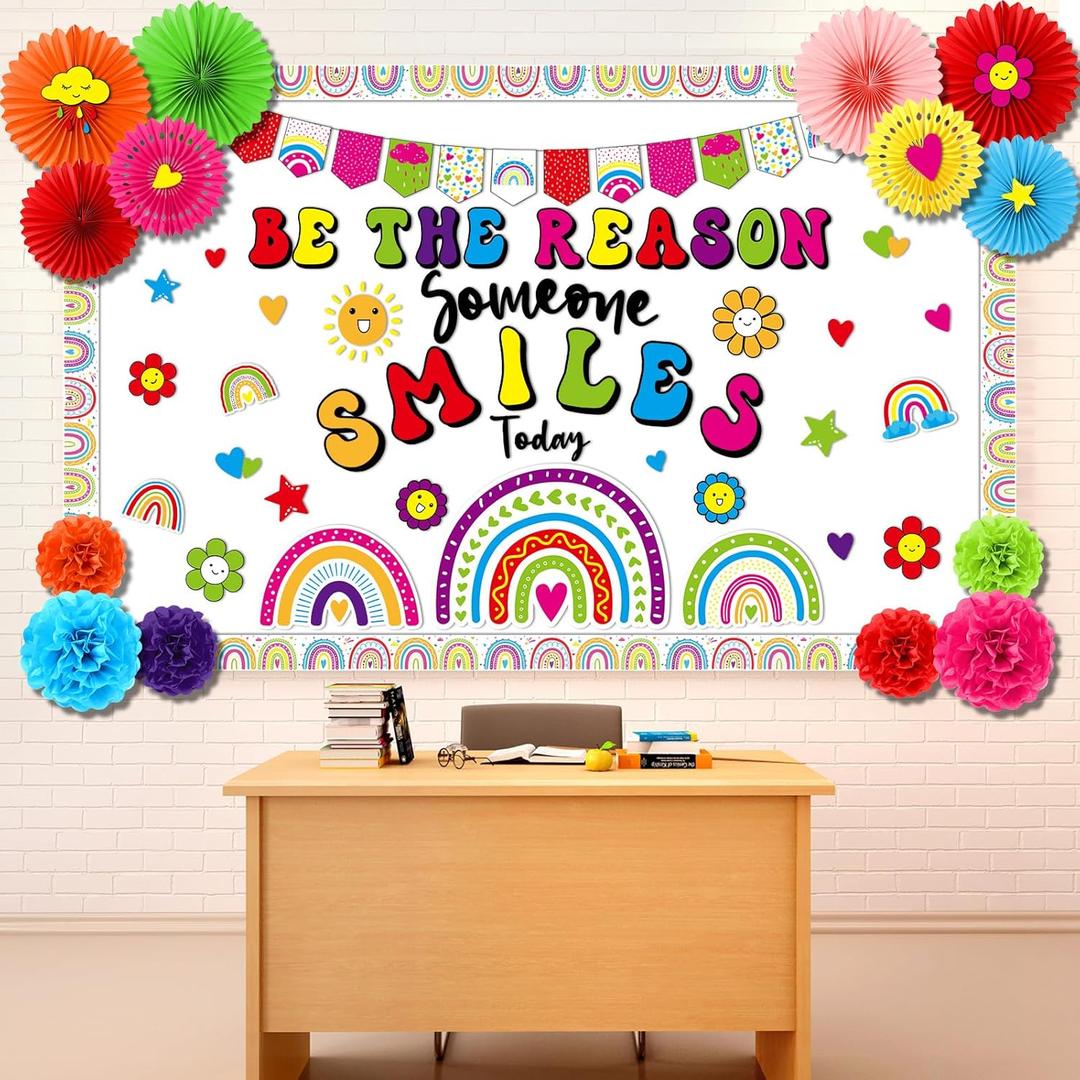 Pajean Be The Reason Someone Smiles Today Bulletin Board Decorations Set Rainbow Classroom Decorations with 3D Paper Fans Flower Ball Colorful Smile Face Motivational Welcome Back to School Cutouts
