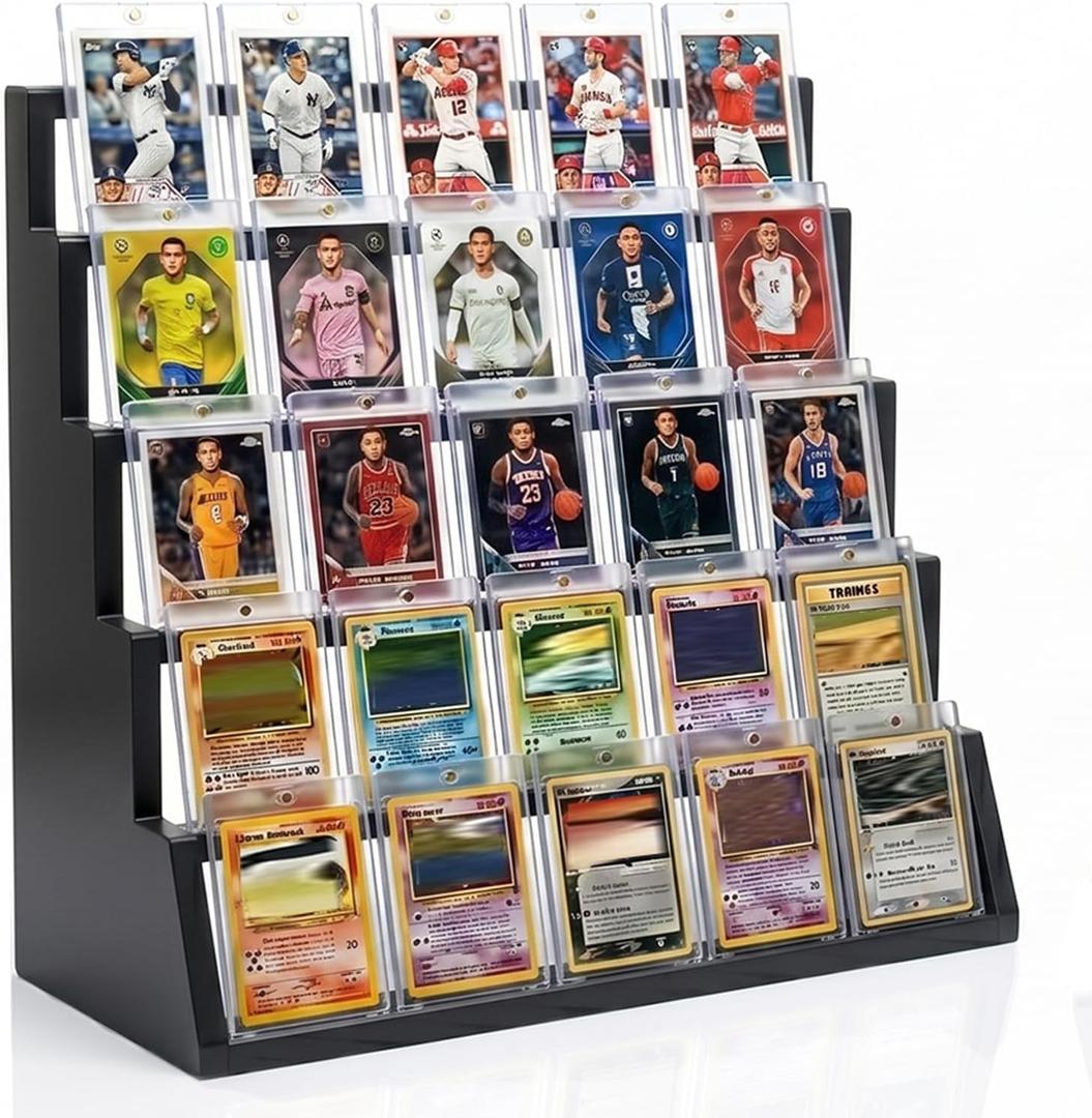 5 Tier Wooden Card Display Stand – Vertical Card Holder Display for Trading Cards, Game Cards, Sports Cards, Graded PSA/BGS/SGC, Baseball, Basketball&Football(Soccer) Card Stand, Desk & Shelf Organize,Black
