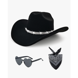 3Pcs Rhinestone Cowboy Hat for Women with Bandana, Heart Sunglasses set, Wide Brim Cowgirl Hat for Western Disco Party. 57 cm