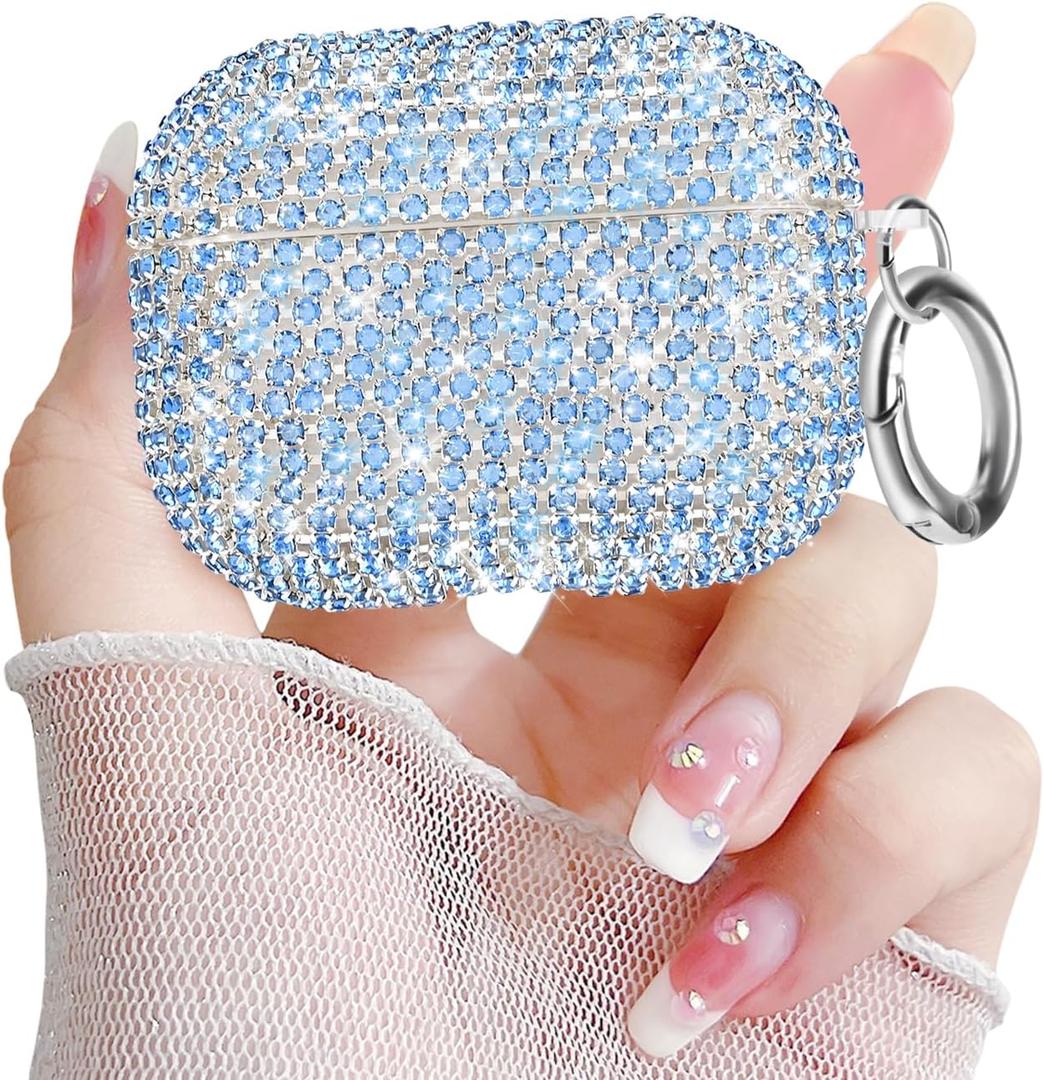 Newseego for AirPods Pro 3 Generation Case, Luxury Sparkly Bling Rhinestone Case with Keychain for Women Girls Anti-Lost Glitter Crystal Hard PC Shockproof Protective Cover for AirPods Pro 3rd-Blue