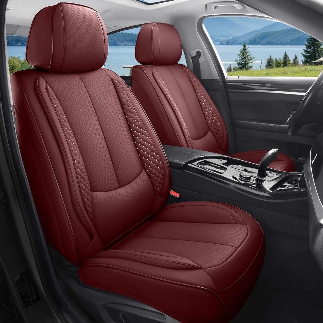 Bling Car Seat Covers Full Set Burgundy Luxury Faux Leather Seat Cover Waterproof Non-Slip Seat Protector Universal Fit for Most Cars SUVs Trucks Pick-ups,Car Accessories for Women(Wine Red)