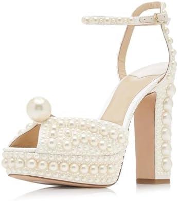 Goolita Womens Open Toe Pearl Platform Heels For Women Chunky Buckle Ankle Strap Wedding Heeled Sandals Dress Evening Bride Bridal Shoes 39