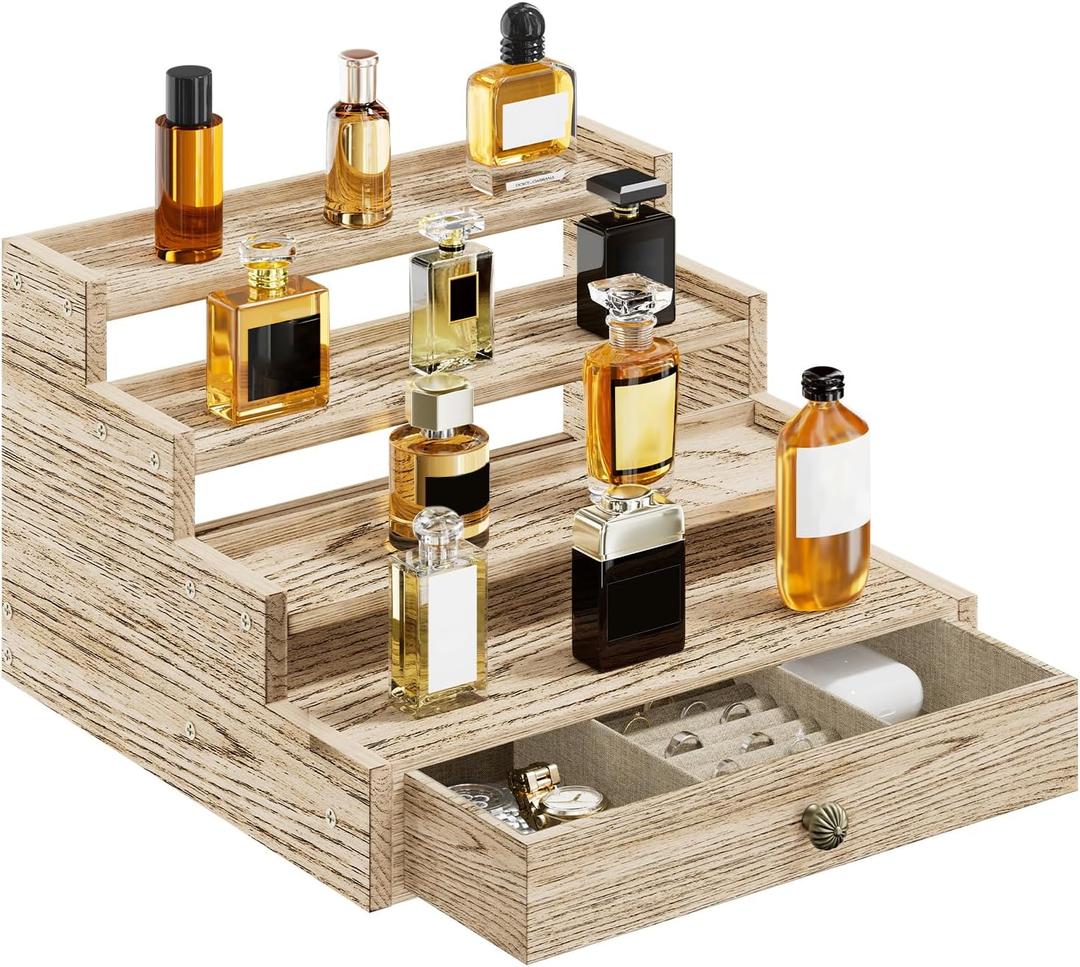 4 Tier Cologne Organizer for Men, Wooden Stand Rack Display Shelf with Drawer Storage, Large Capacity Perfume Holder for Man, Log Color