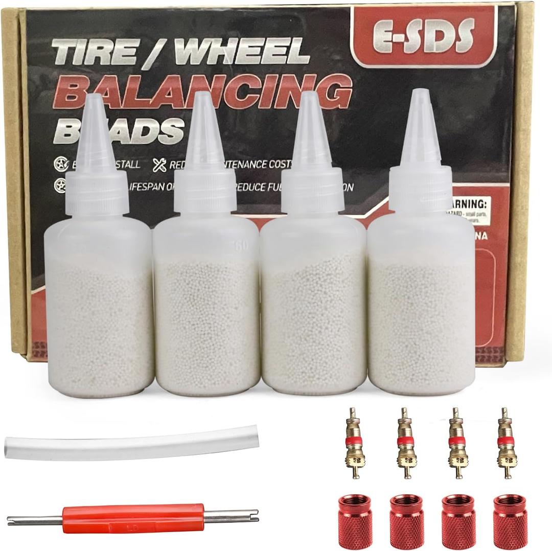 E-SDS Tire Balance Beads 4 oz x 4, Tire Beads for Balance, Tire/Wheel Balancing Beads for Car/RV/Truck/Motorcycle with Installation Tools