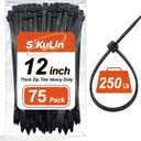 Thick Zip Ties Heavy Duty, 12 inch, Black, 250 lb High Strength, 75 Pack, Heavy Duty Zip Ties for Outdoor Use, Extra Wide & Strong UV Resistant Cable Ties, Wire Ties, SiKuLin