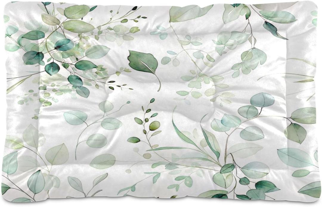 Green Leaves Dog Bed Crate Pad 36x24 inch Soft & Anti-Slip Pet Kennel Bed Pad Cat Sleeping Mat for Small Medium Large Dogs