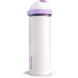 Insulated Water Bottle with Straw - Encool Stainless Steel Water Bottle with Push Button Lid, Leak-Proof & BPA-Free, Keeps Cold for 24 Hours for Sports, Travel, Gym (24 oz, Oyster Pink)