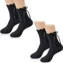 2 Pairs Black Ruffle Socks Women Breathable Cotton Frilly Ankle Princess Socks with Bow for Girls Date, Spring Lace Lettuce Edge Crew Sock (Black), One Size