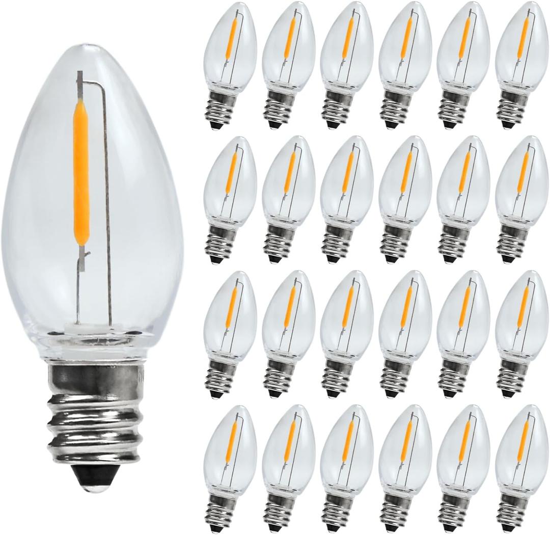 LED Night Light Bulb, Led Replacement Bulbs for Christmas String Lights, Shatterproof & Waterproof Led Bulbs, E12 Candelabra Base, 0.6W Equivalent to 7W, 2200K Warm White, Plastic, 25 Pack