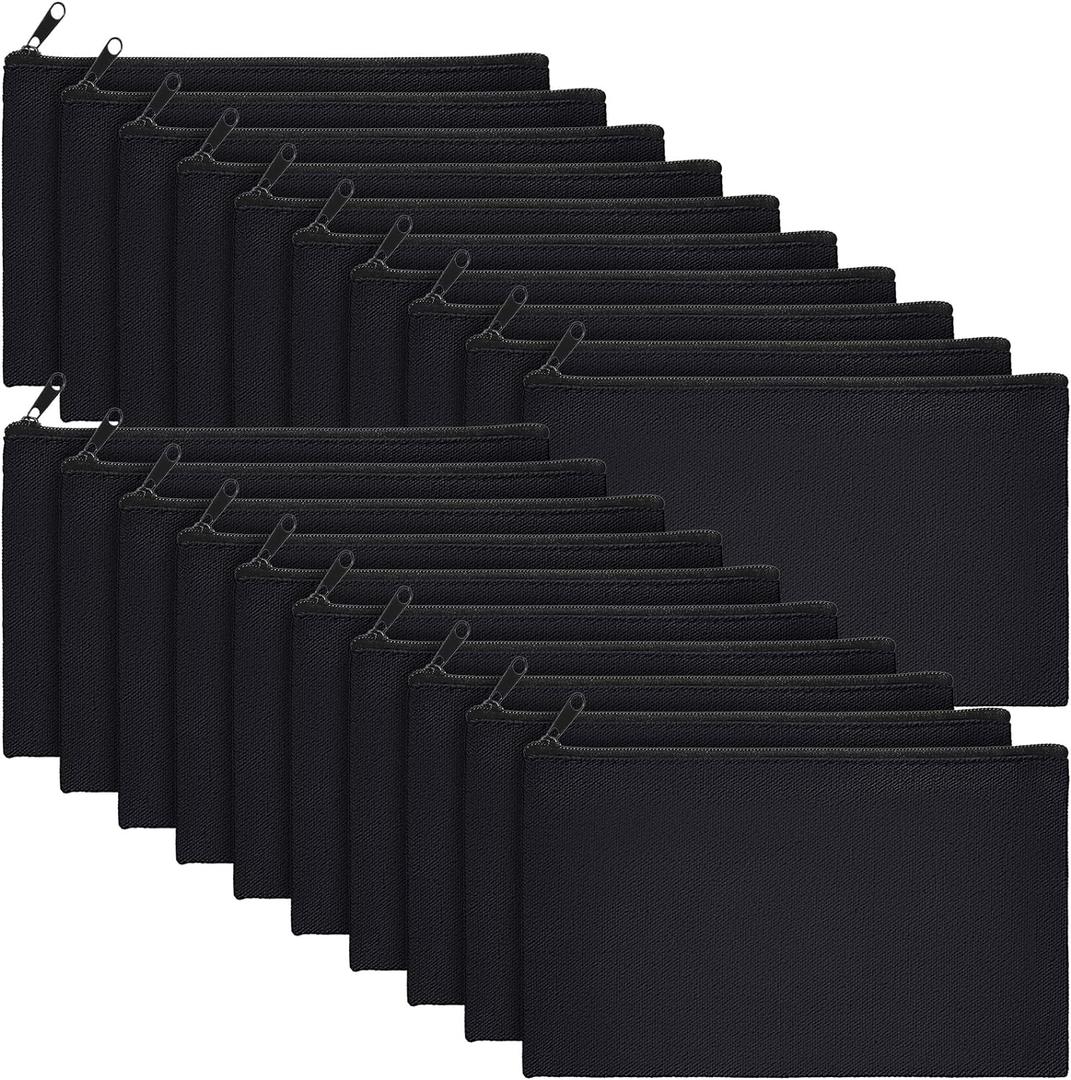 Frienda 50 Pack Blank DIY Canvas Pencil Pouch Bulk Craft Canvas Pencil Case with Zipper Multipurpose Makeup Toiletry Tote Bag for Travel Cosmetic Stationary Storage(Black)