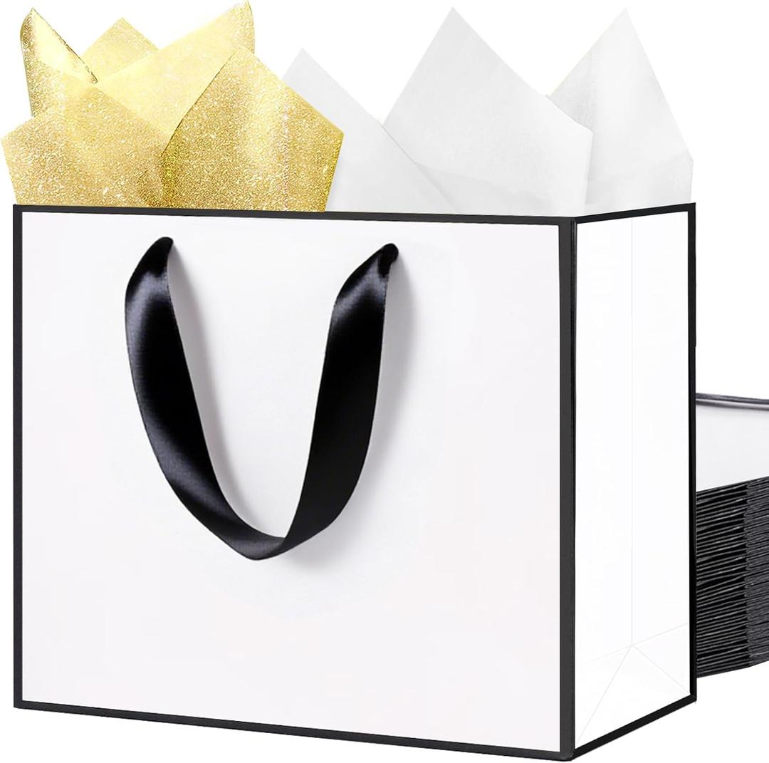 SHIPKEY 10 Pcs White and Black Gift Bags, 16x6x12 Inches Party Favor Bags with Tissue Paper, Extra Large Paper Bag | Shopping Bag for Birthday (40x15x30cm)