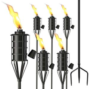 Upgraded Citronella Garden Torch Set of 6, Large Capacity 16oz Metal Torch for Outside, 59.5 Inch Black Home Torches with 3-Prong Grounded Stake,Metal Flame Torch Light for Party Patio Pathway