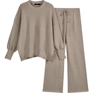 LILLUSORY Women 2 Piece Outfits Sweatsuit Oversized Knit Pullover Sweater Tops Wide Leg Pants Lounge Set (Medium, Light Tan)