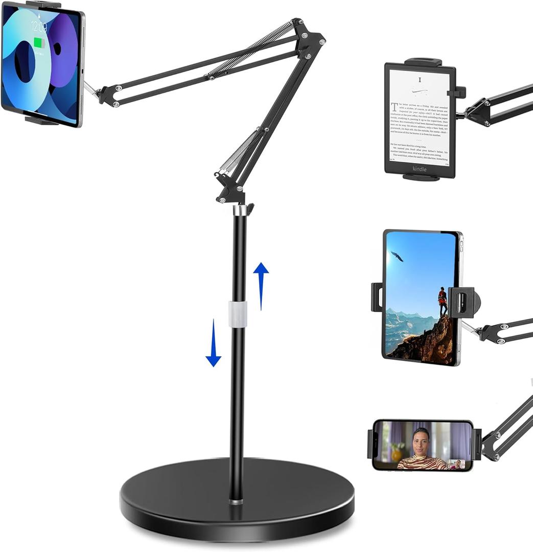 Peastrex Tablet Floor Stand with 12lb Stable Base Overhead Bed Ipad Phone Holder Mount with Adjustable Height Stretchable Arm for 4.5-13in iPad Pro Air Mini 12.9/9.7, Kindle, Galaxy Tab, CellPhones