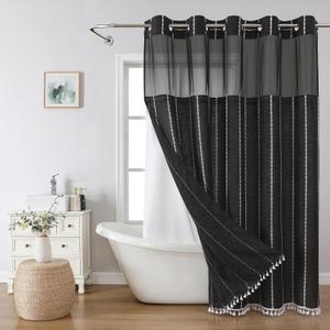 Boho Farmhouse No Hook Shower Curtain Set with Snap-in Fabric Liner,Heavy-Duty Linen Textured Rustic Striped Design,Water-Repellent with Tassels and Sheer Window,Black,71x74