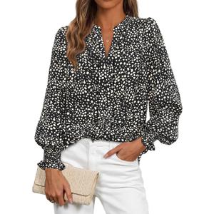 MASCOMODA Womens Boho Floral Long Sleeve Tops Spring Fashion 2026 V Neck Loose Chiffon Work Blouses Dressy Casual Shirts Medium