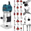 110V Router Tool, 800W Wood Trim Router, 30000RPM Electric Hand Trimmer, Palm Router with 15x 1/4 Router Bits & 2x Trim Guides for Woodworking Tools, Adjustable Base Height w/Scale