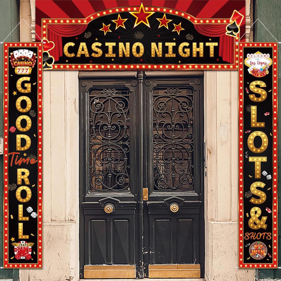 Casino Night Porch Banner Welcome Casino Theme Party Decorations Gold Red Black Dice Star for Poker Vegas Game Night Birthday Background Party Decor