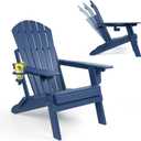 FUNBERRY Folding Adirondack Chair with Adjustable Backrest, HDPE All Weather Fire Pit Chairs with Cup Holder (1 Pack, Navy Blue)