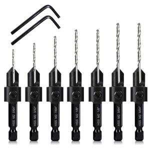 7 Pcs M2 Countersink Drill Bit Set, 3in1 Wood Pilot Countersink Drill Bits for #4#6#8#10#12 Screws Holes, with Adjustable Depth Stop,Quick Release Hex Shank, 2-Allen Wrench (7 Pcs Wood Countersink Bit)