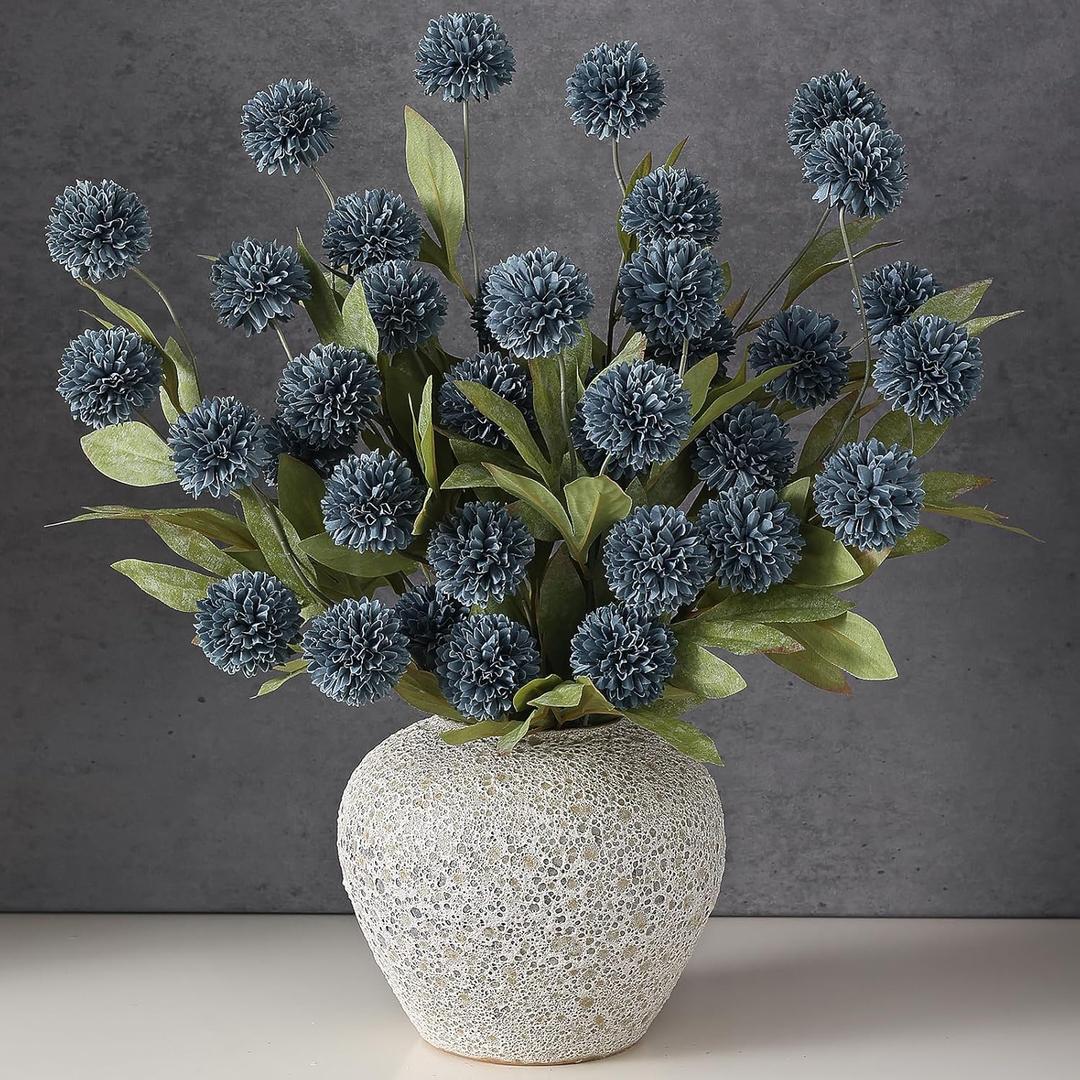 VIERENA 6 Pcs Faux Silk Pompon Mum Artificial Flowers for Vase -27", Bulk Fake Chrysanth Branches with Stems for DIY Bouquet Centerpieces Wedding Fillers Arrangements Shower Decorations (Dark Blue)