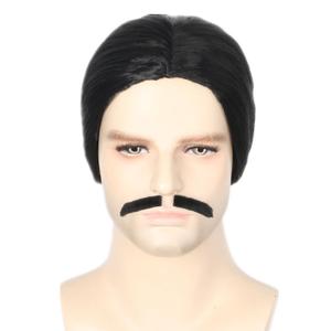 Men Wig with Mustache Black Short Wigs for Man Halloween Costume Party Cosplay Funny Wig (Pure Black)