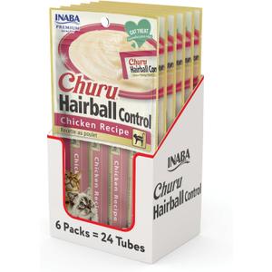 INABA Churu Hairball Control, Functional, Creamy Lickable Pure Cat Treat with Taurine & Vitamin E, 0.5 Ounces Each, 24 Tubes (4 per Pack), Chicken Recipe INABA Churu Hairball Control, Functional, Creamy Lickable Pure Cat Treat with Taurine & Vitamin E, 0.5 Ounces Each, 24 Tubes (4 per Pack), Chicken Recipe