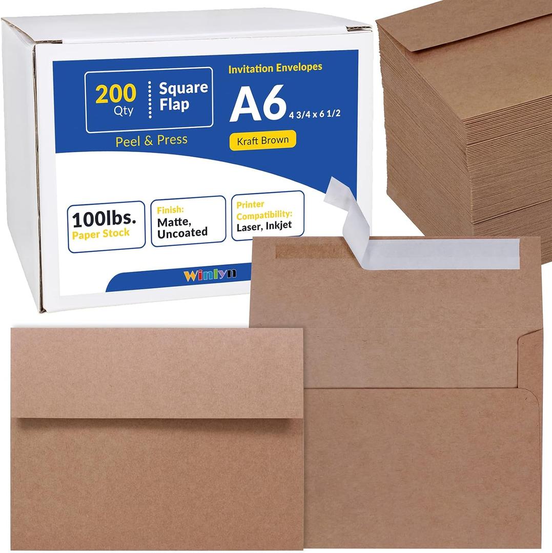 200 Pcs A6 Invitation Envelopes in Brown Kraft Peel & Seal Self-Seal 4 3/4 x 6 1/2 Square Flap Envelopes 100lb.for Wedding Shower Graduation Invitation Announcement Mailing 4 x 6 Photo Greeting Card