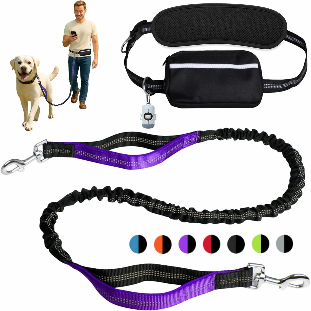BJDQHKJ Hands-Free Dog Leash for Dogs up to 130 lbs  Heavy-Duty, Shock-Absorbing Bungee Leash with Zipper Pouch, Dual Padded Handles & Adjustable Waist Belt for Running & Walking  Bright Purple