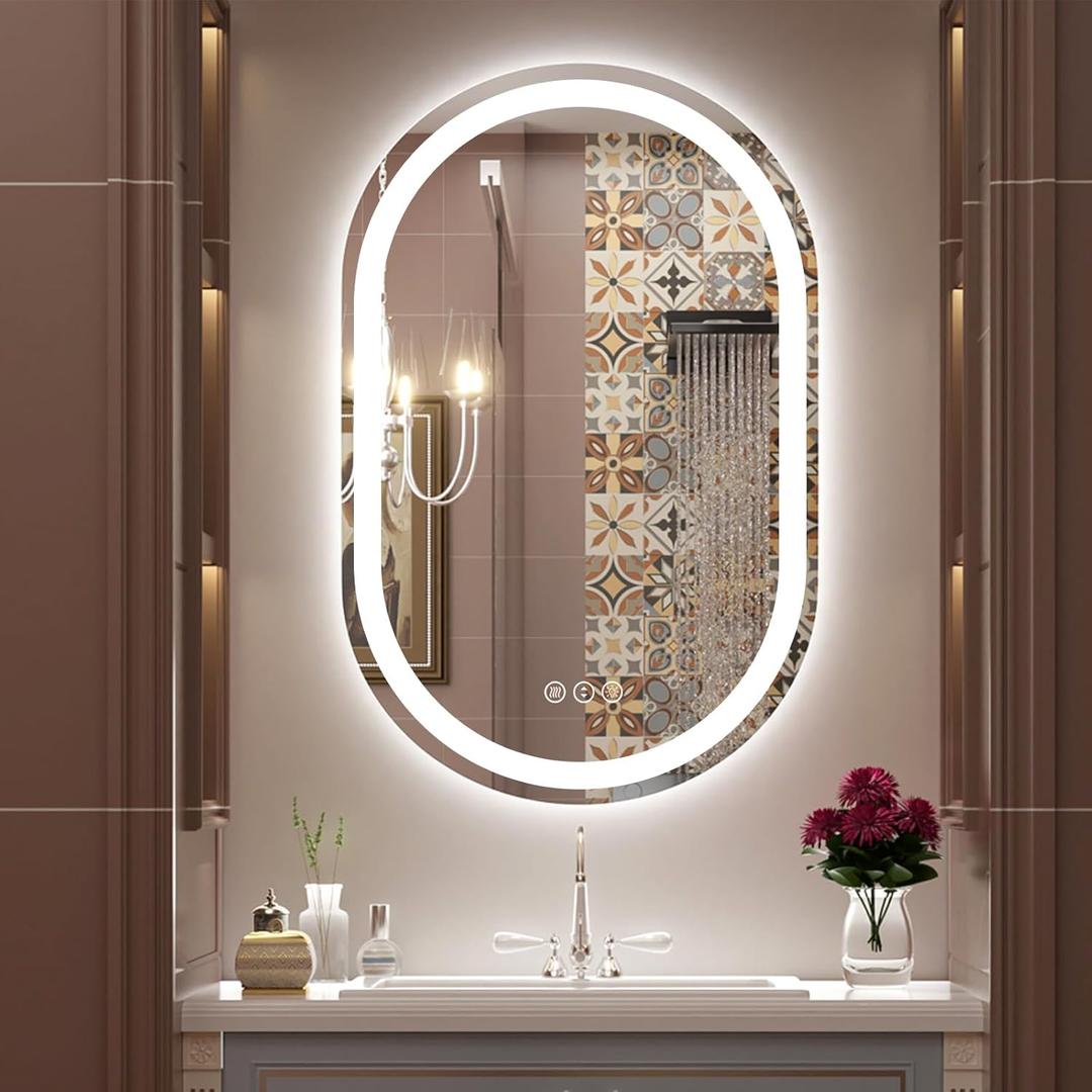 SMIROR Oval LED Lighted Bathroom Mirror for Wall 24"x32", Pill-Shaped Illuminated Mirror for Vanity, Front Light and Backlit, 3 Colors, Dimmable, Anti-Fog, Memory (Horizontal/Vertical)