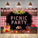 Withu Picnic Party Backdrop Wooden Red White Checkered Mat String Lights BBQ Photography Background Sunflower Outdoor Barbecue Decorations Banner Photo Booth Props 7x5ft