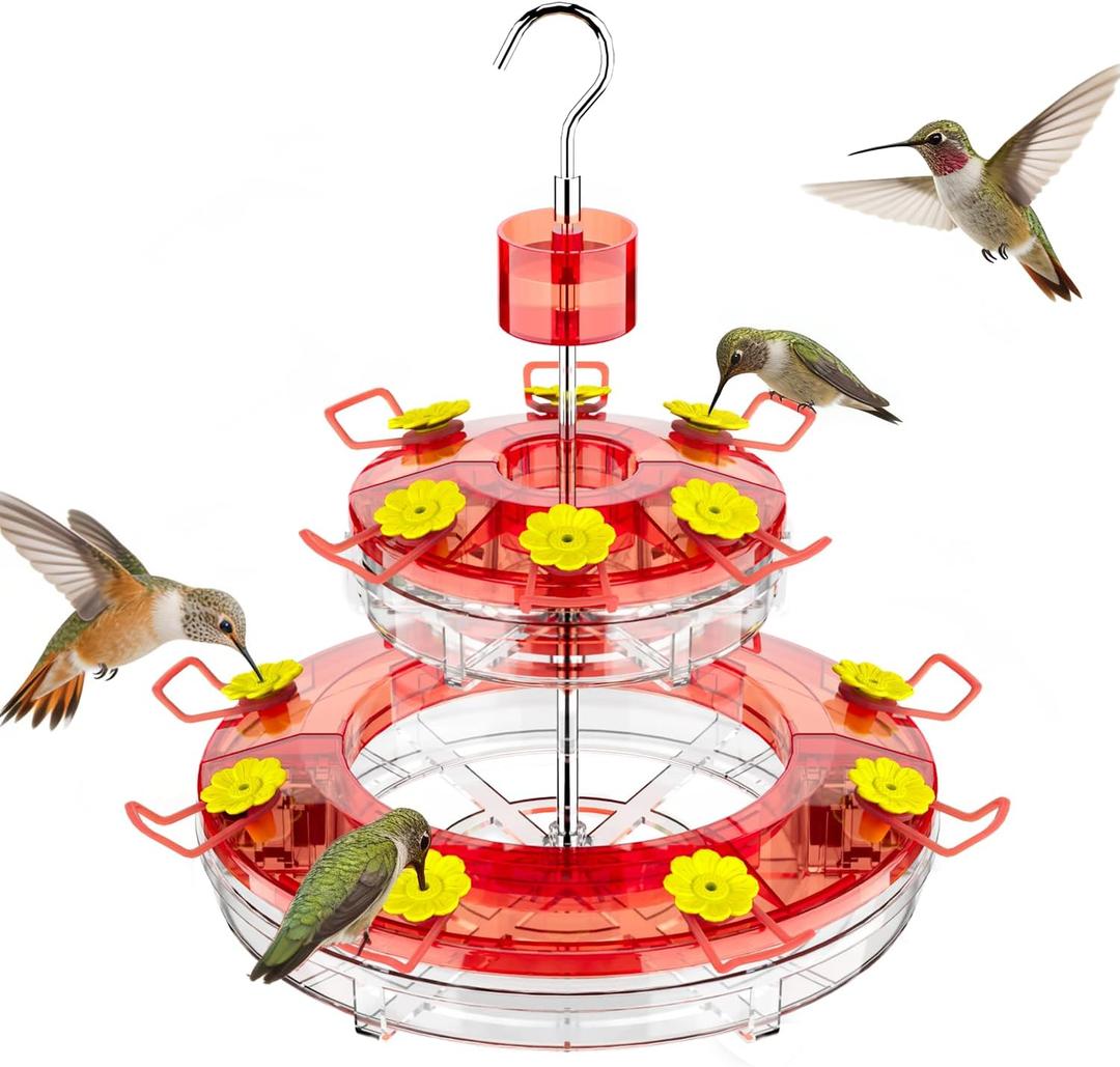 Birdream Hanging Hummingbird Feeder for Outdoors, 20oz Double-Tier Saucer Design with 14 Feeding Ports Ant Moat, Stainless Steel Pole, Easy to Refill and Clean, 1 Pack