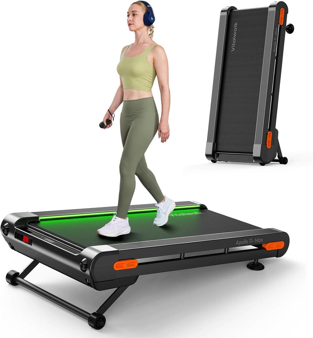 Vitalwalk Walking Pad Treadmill with Incline, 43"x18" Wide Full Deck, Auto Incline, Portable Under Desk Treadmills for Home Office, Vertical Store Space-Saving, Heavy Duty, APP, Green Black