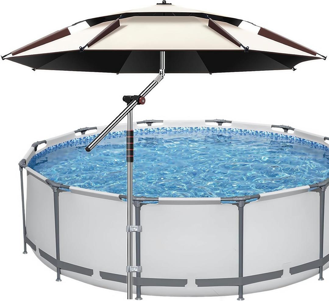 Above Ground Pool Umbrella, 8 FT Outdoor UPF 50+ Pool Sun Shade with Carry Bag, Adjustable Angle Pool Sunshade for inside of Round/Rectangular/Oval Pools, Multi-functional Parasol with 3 Spike Anchor for Garden/Backyard/Beach/Fishing