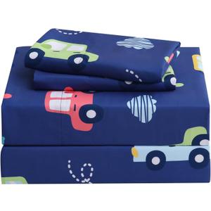 Car Kids Twin Sheet Set Colorful Cars Bed Sheets for Boys - 3 Pcs Deep Pockets Fitted Sheet,Breathable Soft Microfiber Navy Blue Bedding Sets for Toddlers Room Decor
