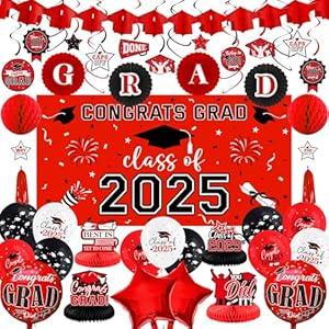 DAZONGE 2025 Graduation Decorations Red, Congrats Grad Backdrop, Honeycomb, Balloons & Hanging Swirl Kit for Graduation Decorations, 2025 Grad Party Decorations Set for Any Grade