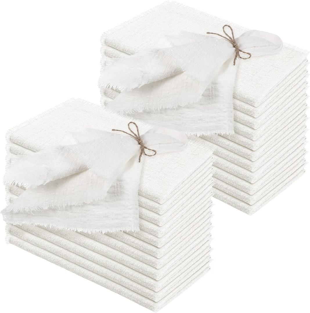 Preboun 24 Pcs Fringe Napkins Bulk Cloth Cotton Soft 17 x 17 Inch Rustic Reusable Washable Festive Square Table Napkins with Fringe for Parties Wedding Restaurant Table Accessory(White)