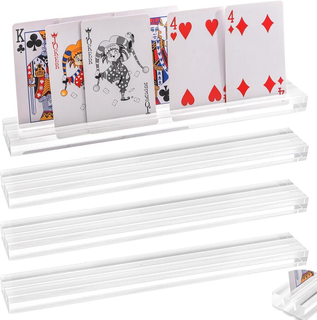 Tebery 4 Pcs Acrylic Playing Card Holder with Dual Grooves, 2 Slot Clear Game Card Display Rack, Playing Card Decks Stand Tray, Soild Card Game Organizer for Seniors, Adults, Family