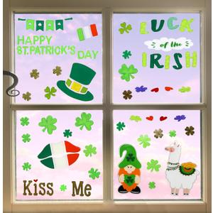 Iconikal 91-Piece Gel Window Clings St. Patrick's Day - Reusable Shamrock Leprechaun Four Leaf Clover Irish Decorations