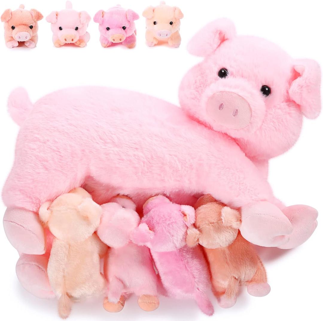 Honoson Stuffed Pig Animal with Babies, Cuddly Nursing Mommy Pig Plushy with 4 Stuffed Magnetic Toys for Kids Boys Girls Funny Kawaii Christmas Birthday Gifts Family Toys(Cute)