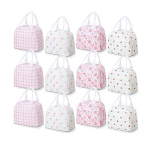 12 Pcs Insulated Lunch Bags Bulk for Women Cute Floral Bow Strawberry Lunch Bag Reusable Pink Beige Oxford Cloth Large Capacity Leak-proof Insulated Lunchboxes for Work Office Travel Picnic