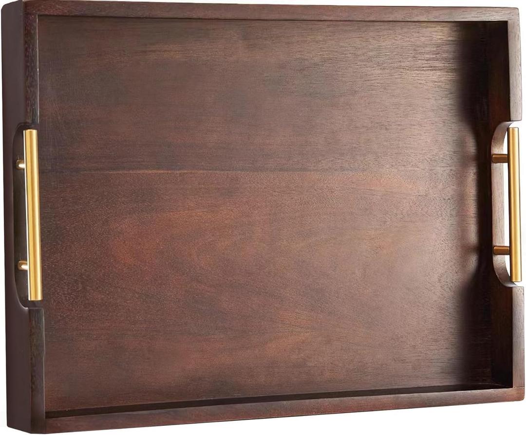 Joy&Grace Ottoman Tray for Living Room, Large Acacia Wooden Serving Tray with Handles for Coffee Table, Breakfast in Bed, Food Dinner, Decorative Tray (Sleek Brown, 16.7" x 12.8" x 2")