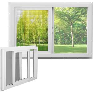Pushglossy 35-1/2" x 23-1/2" Vinyl Utility Window Single Sliding Window with Low E Double Pane Insulated Tempered Glass Mesh Screen for Basement Bathroom House Kitchen Garage Attic, White