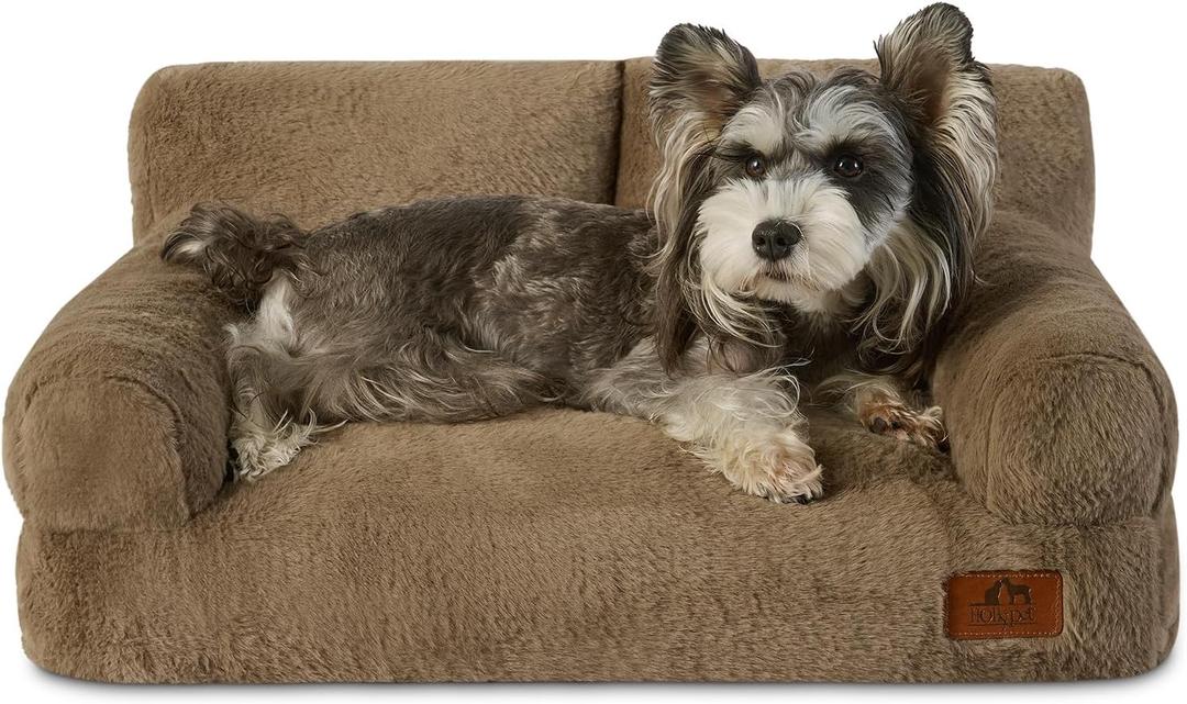 Hollypet Fluffy Dog Cat Bed Pet Couch Beds Plush Soft Warming Washable Puppy Bed for Small Medium Dogs and Large Cats, Dark Brown, 24" L x 18" W x 10" Th