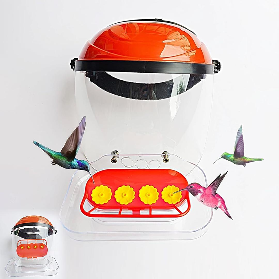 Hummingbird Feeder Helmet | Hands-Free Outdoor Observation Device | 4 Feeding Ports Design | Adjustable Headband | Lightweight & Durable PVC (red-2)