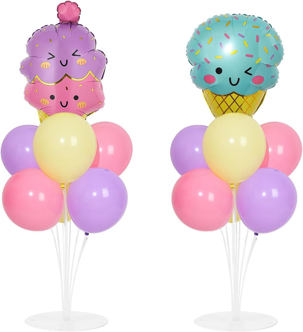 Ice Cream Party Balloons Stand Kit 2 Sets with 2 Macaron Ice Cream Foil Balloons Pastel Sweet One Birthday Balloon Centerpiece for Tables for Girl Birthday Valentine's Day Baby Shower Party Decoration